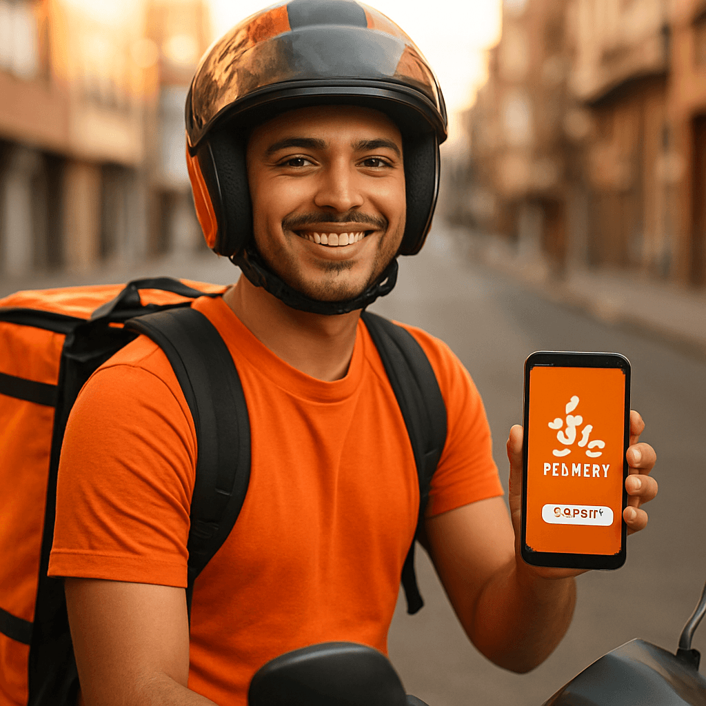 Repartidor de MandeloPues! sonriendo con su teléfono y casco